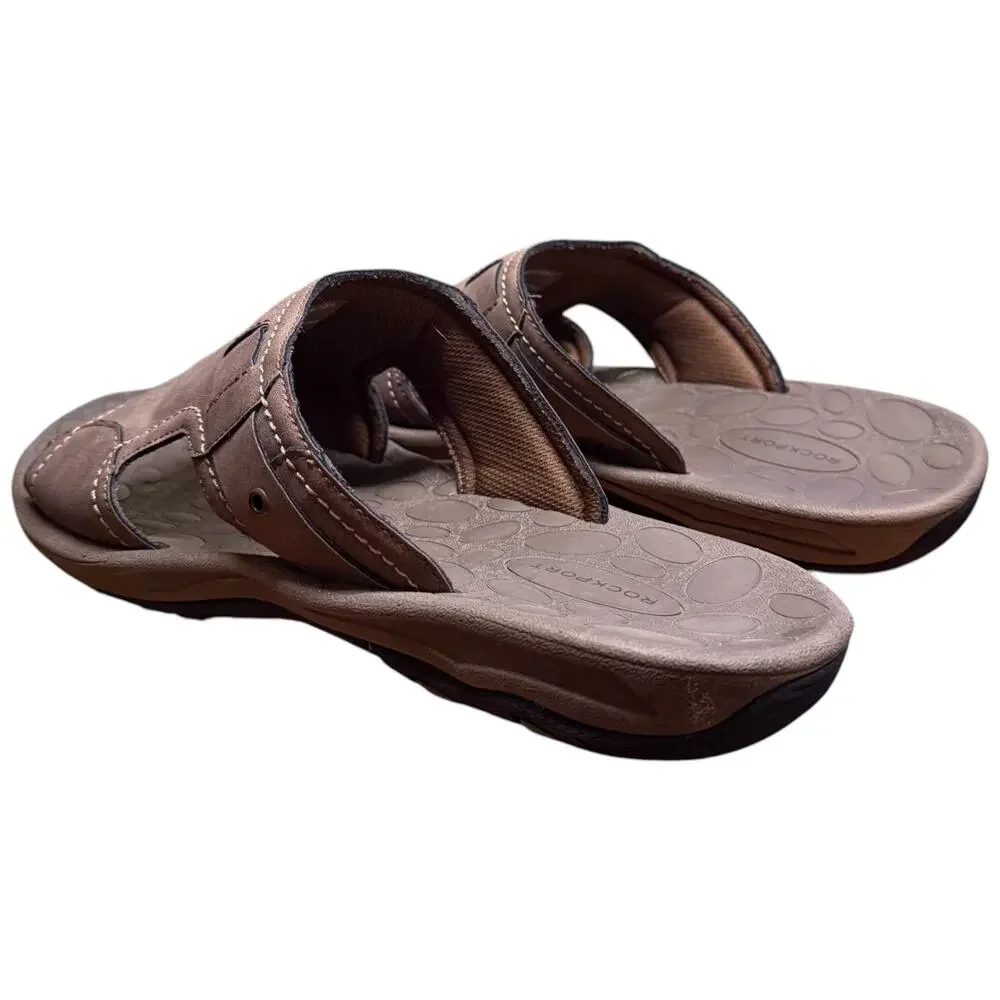 ROCKPORT Hayes Comfort Slides Men's 13 Brown Leather Sandals Casual